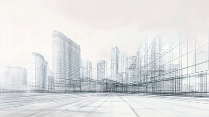 Fototapeta premium Architectural Sketch of Modern Cityscape with Detailed Lines