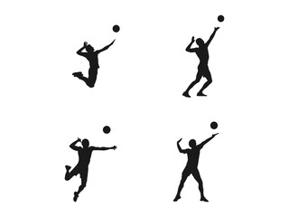 set of male volleyball players, athlete silhouettes. Man volleyball player silhouette. Group of volleyball players, men and women playing volleyball. Vector illustration on a white background.