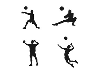 set of male volleyball players, athlete silhouettes. Man volleyball player silhouette. Group of volleyball players, men and women playing volleyball. Vector illustration on a white background.