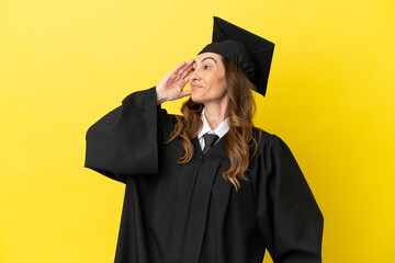 Middle aged university graduate isolated on yellow background has realized something and intending...