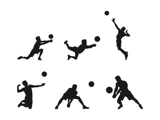 set of male volleyball players, athlete silhouettes. Man volleyball player silhouette. Group of volleyball players, men and women playing volleyball. Vector illustration on a white background.