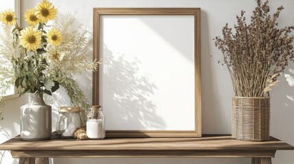 Wooden Frame Mockup with Yellow Flowers and Dried Plants