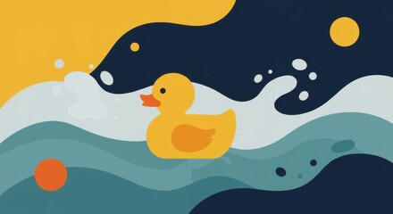 A cheerful yellow rubber duck floating on waves with playful splashes and vibrant colors in the background - inflatable ducks
