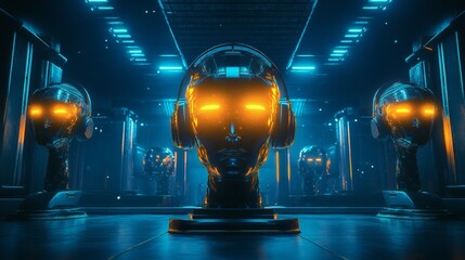 Futuristic cybernetic heads with glowing eyes in a neon-lit gallery