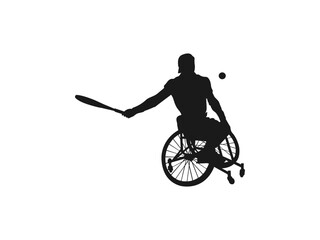 The silhouette of the wheelchair tennis player. Silhouette vector of disabled person in a wheelchair playing tennis. wheelchair tennis man silhouette. Vector illustration on a white background.