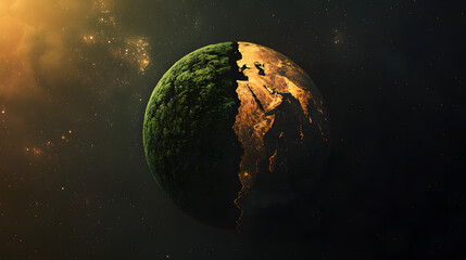 The earth is split into two parts, one side is green and fertile, the other side is dry and cracked, in white background