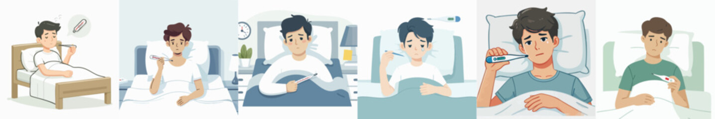 Vector of a person sick with high fever in bed
