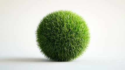 A 3D-rendered sphere of grass, with intricate details and natural textures, floating on a pure white background
