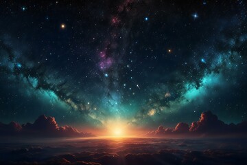 Obraz premium Save to Library Download Preview Preview Crop Find Similar File #: 1200129285Galactic ocean with shimmering celestial patterns and radiant stardust illuminating the universe. Galactic Ocean Glow. Il