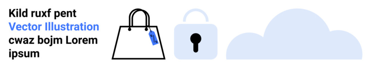 Shopping bag with tag, padlock, and cloud represent secure e-commerce, data protection, privacy, cloud storage, online shopping, cybersecurity and retail branding. Ideal for flat landing page banner