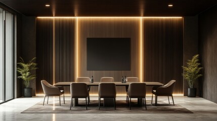 Fototapeta premium Modern Meeting Room Interior Design with Dark Wood and Concrete