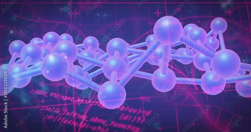Poster glowing spheres in animation of molecular structure over digital grid with data
