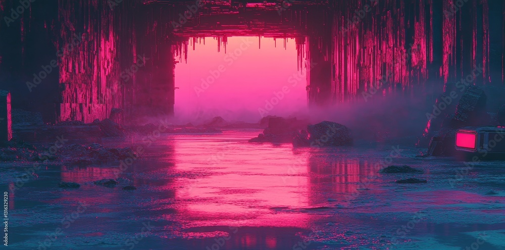 Poster a grunge texture background with pink and purple glitches is the result of a distorted digital signa