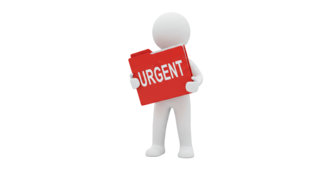 Isolated 3D White Mannequin Holding 'URGENT' Red Folder