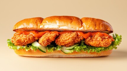 Delicious crispy chicken sandwich with fresh lettuce cucumber and spicy sauce close up food photography
