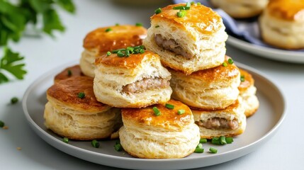 Delicious golden puff pastry vol au vents filled with savory meat served on plate with green onion topping
