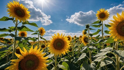 A field of sunflowers stretching toward a bright blue sky.