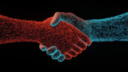 Abstract handshake, red and blue energy.