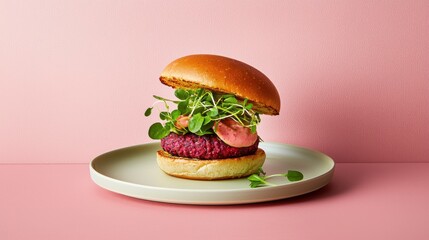 Appetizing plant based burger with beet patty and microgreens on plate against pink backdrop modern style