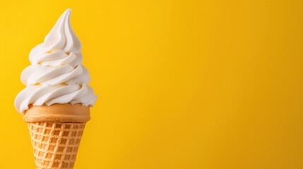 Creamy vanilla soft serve in a waffle cone set against a sunny yellow background offers a cheerful vintage vibe , copyspace for text