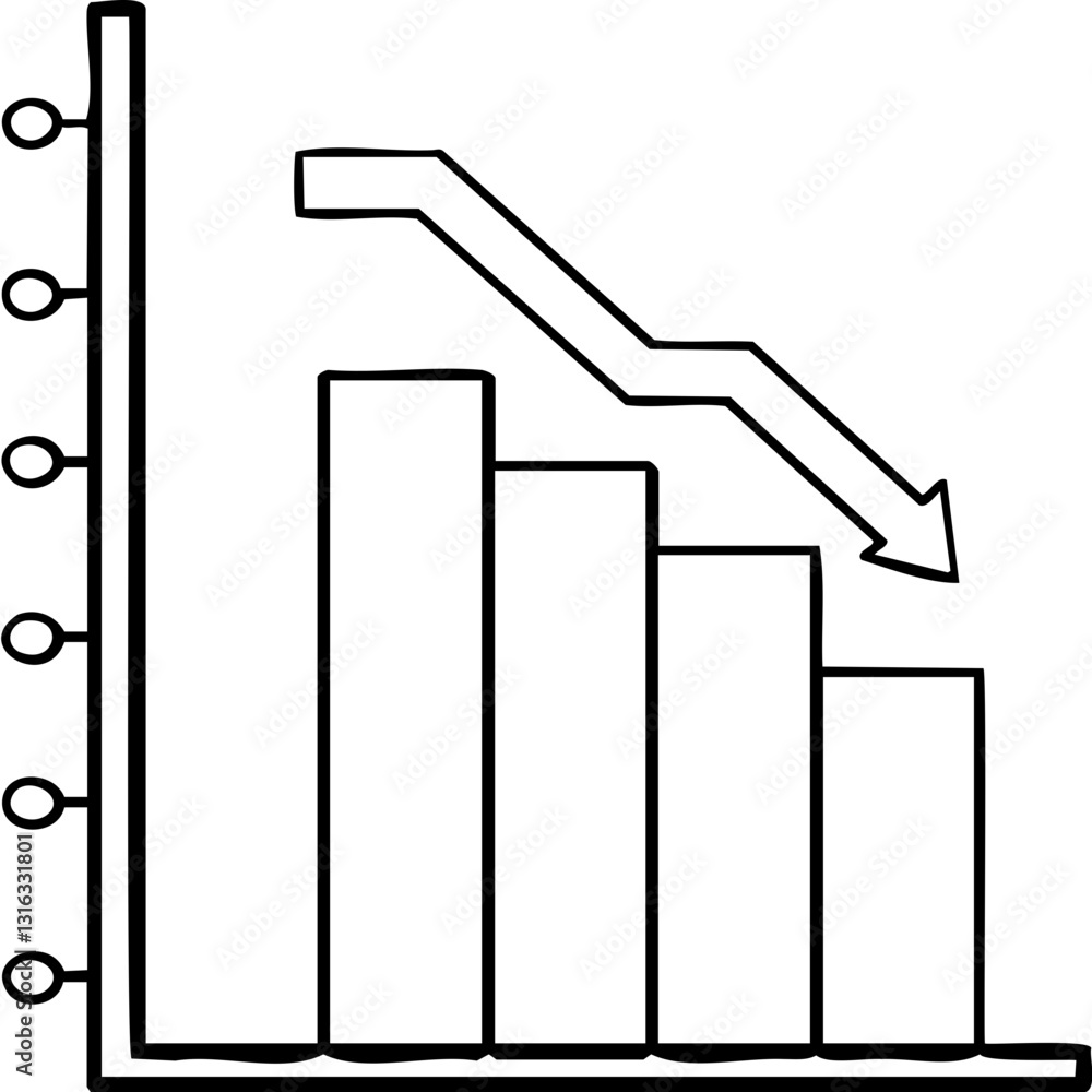 Poster a monochrome chart showing declining data trends with vertical bars and a downward arrow, representi