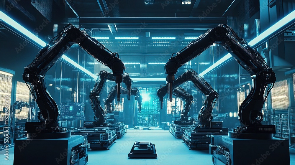 Poster intelligent automation with robotic arms in high-tech environment