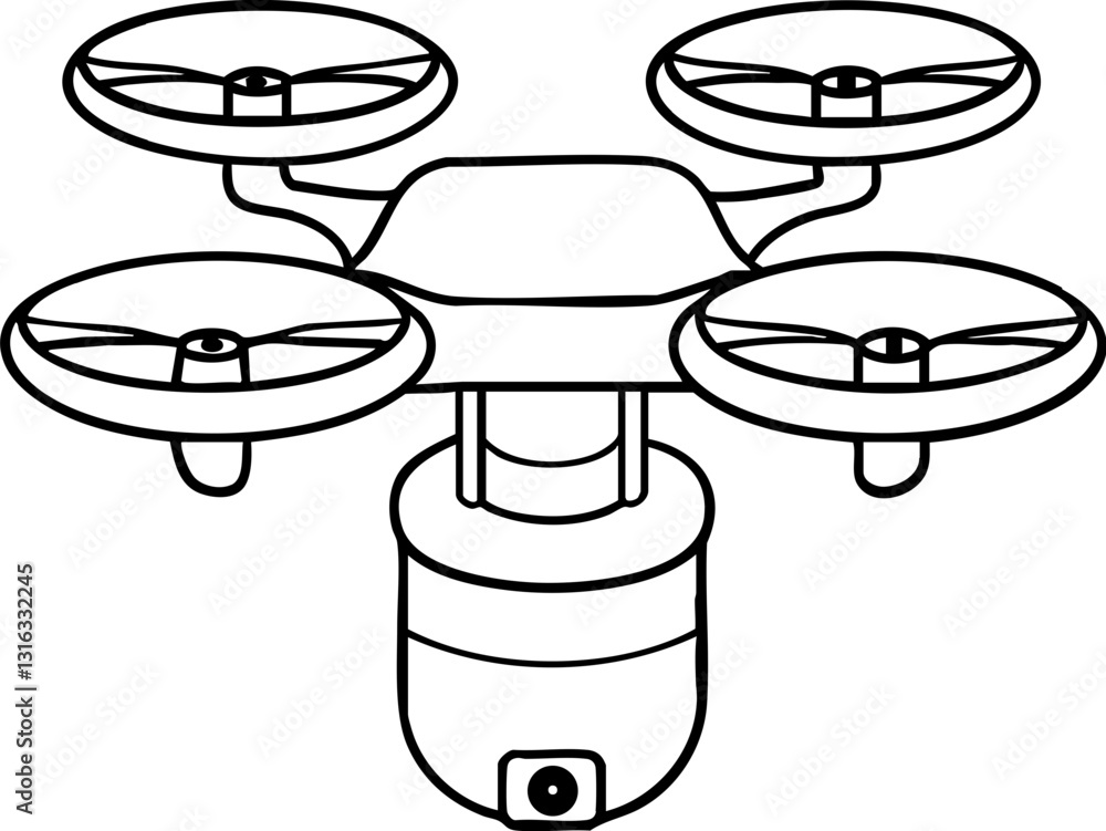 Poster a simple line drawing of a quadcopter drone showcasing its four rotors and central body.