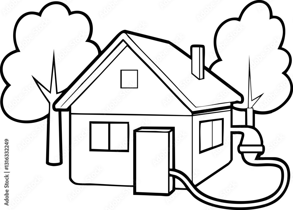 Poster a simple line drawing of a house surrounded by trees, with a pipe connected to the side, suggesting 