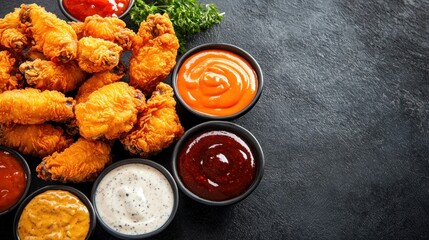 Mouthwatering fried chicken wings with assorted dipping sauces on dark background captures delicious cuisine