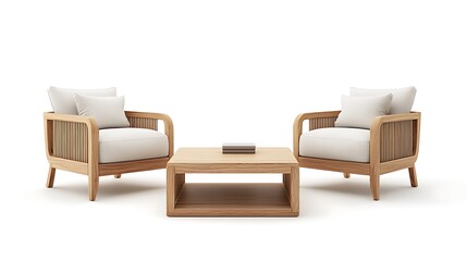 Obraz premium Light Wood Lounge Set: 3D Render of Modern Outdoor Chairs and Coffee Table AI Generated