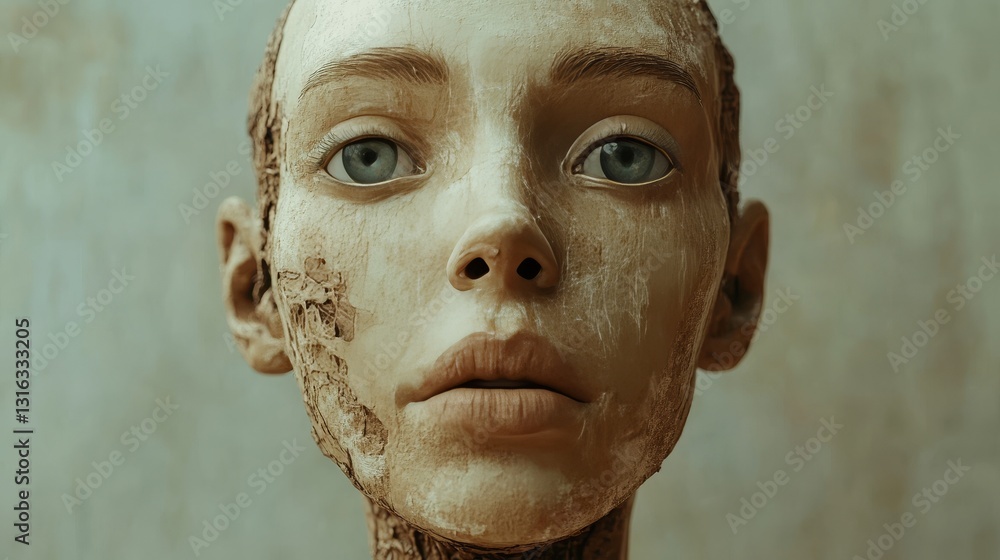 Poster humanoid robot head with artificial intelligence and clean lines conceptual representation