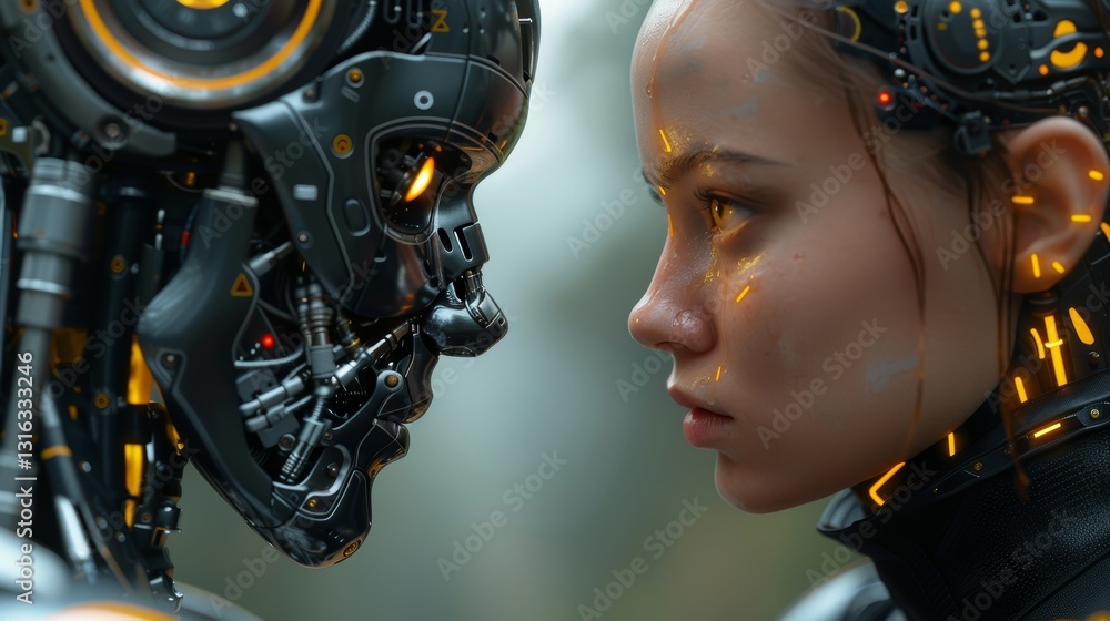 Poster human and robot interacting face to face in a neutral background environment