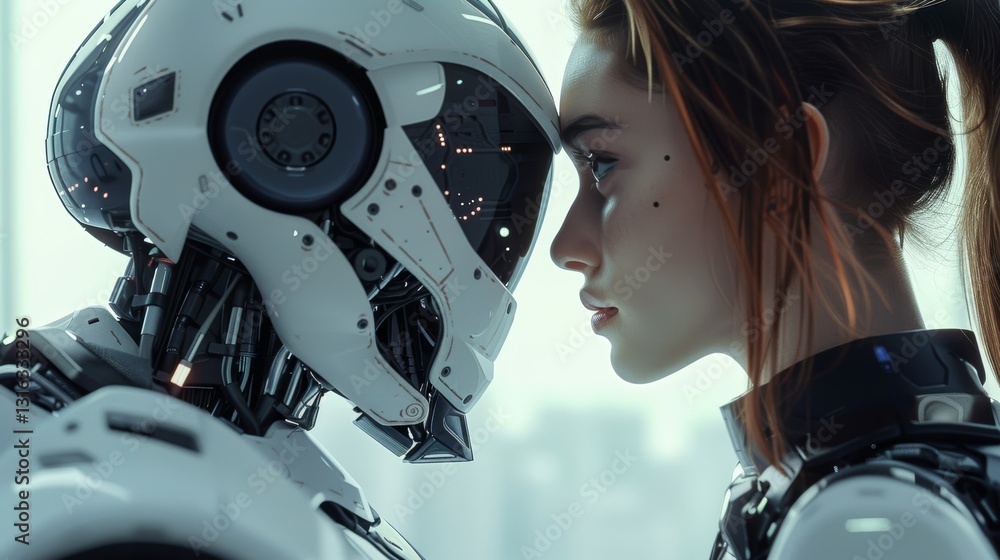 Poster human and robot standing face to face in clean lines background with lots of white space