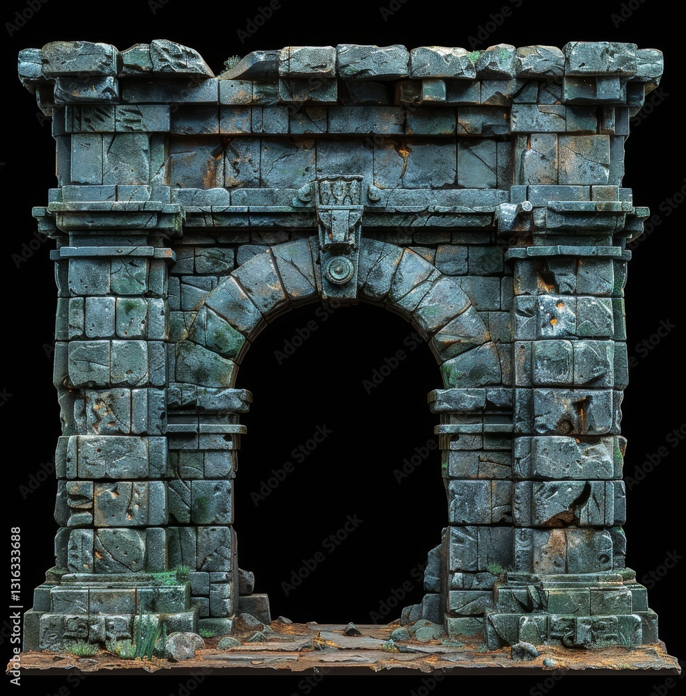 Poster hyper realistic ancient stone gate archway on black background with clean lines and intricate detail
