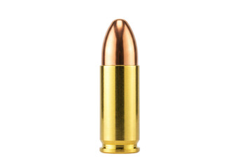 Isolated 9mm Handgun Bullet, Brass Casing