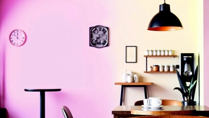 Pastel Pink Cafe Interior with Two Clocks and Hanging Lamp