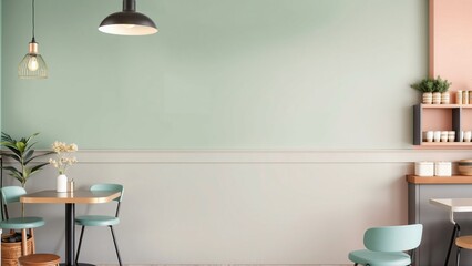 Minimalist Cafe Interior with Mint Green Wall and Pastel Accents