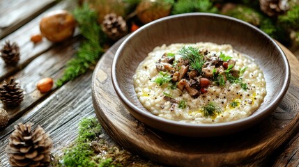Creamy mushroom risotto served in wooden bowl on rustic background with pinecones and mossy decor