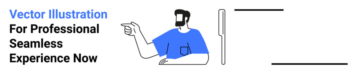 Male figure in blue shirt pointing at abstract lines with clean, modern style. Ideal for business, teamwork, marketing, communication, design, education, flat landing page banner