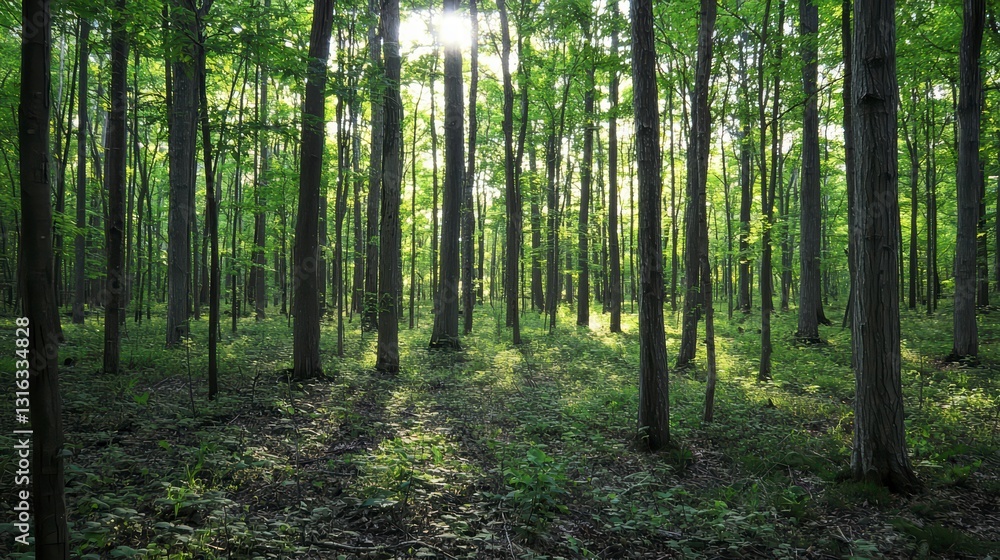 Poster sunlight through canopy: an ethereal forest scene with the sun filtering through the dense canopy of