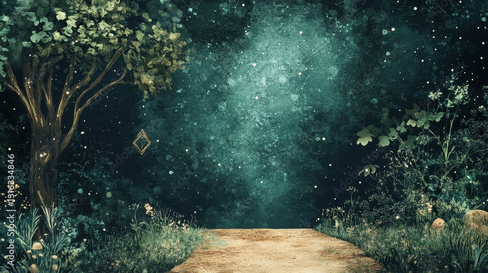 Poster a mystical path leads through an enchanting and starlit forest