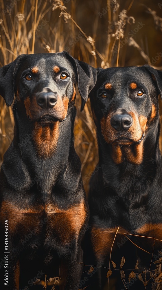Poster hyperrealistic image of two dogs standing side by side in natural light environment