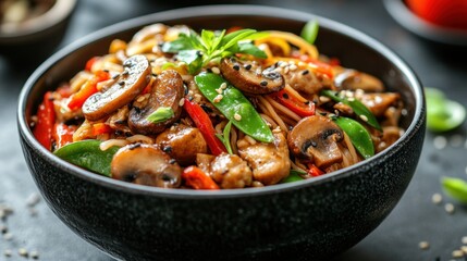 Delicious chicken stir-fry noodles in a bowl