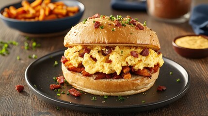 Gourmet Breakfast Sandwich with Scrambled Eggs Sweet Potato and Crispy Bacon on Black Plate