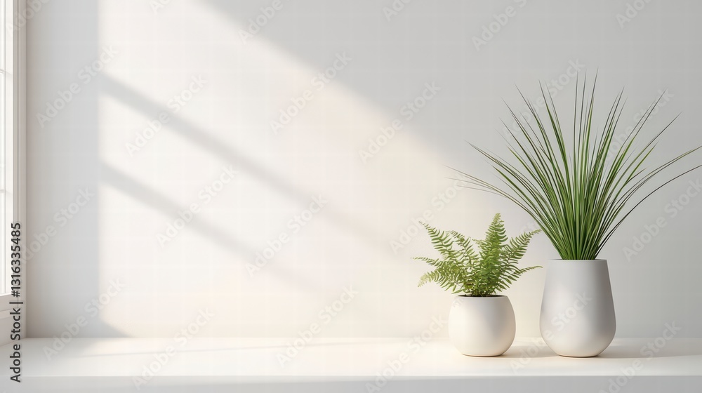 Poster serene botanical display: two potted plants, each possessing unique forms and textures, rest peacefu