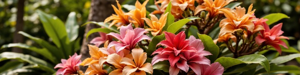 Fototapeta premium Two flowers, one pink and one orange, are growing in a garden