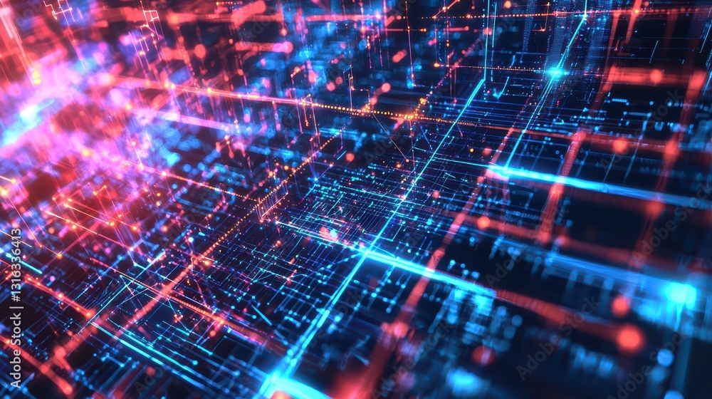 Poster digital matrix: a vibrant, futuristic digital matrix composed of interconnected lines and nodes in d