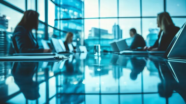Collaborative Synergy: Silhouetted businesspeople convene in a modern, light-filled meeting space, engrossed in discussions, their focused energy reflected in the sleek surfaces around them.