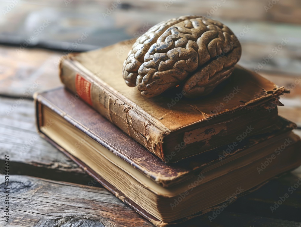Poster illustration of stacked books with brain and bookmark on colorful background with clean lines and mi
