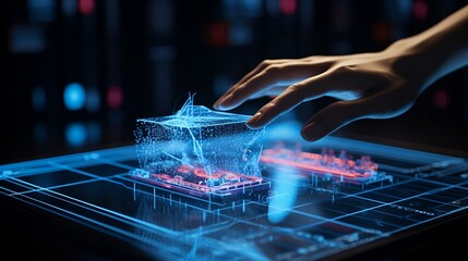 Cybernetic AI-powered robotic hand interacting with floating holographic data structures
